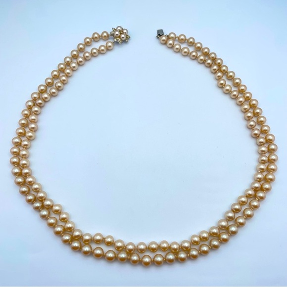 Vintage Double Strand 24” Long Champagne Pearl Necklace Floral Crystal Box Clasp - Picture 3 of 9